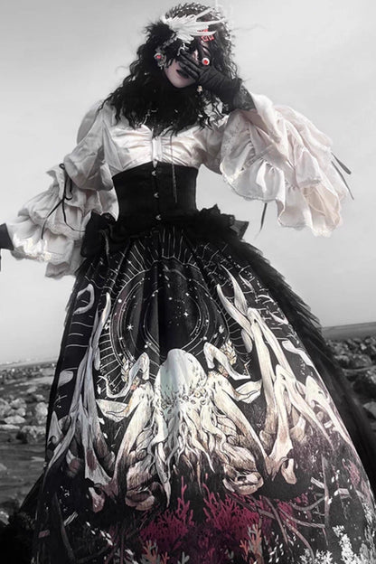Long Hime Sleeves Gothic Skirt Dress Set with Printed Lace - Reborn Ancient God