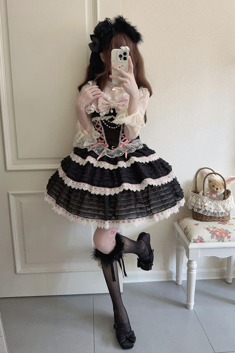 Black Floral Letters Song Sleeveless Triple-Layered Bow Lace-Up Sweet Lolita Jsk Dress