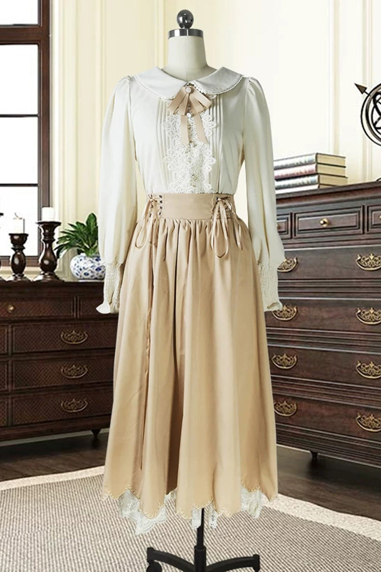 Blue Lapel Collar Long Sleeves High Waist Lace-Up Wave Hem Classic Lolita Two-Piece Set