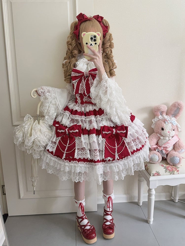 Red Big Bows Decoration Tiered Skirt Hanayome Lolita Dress