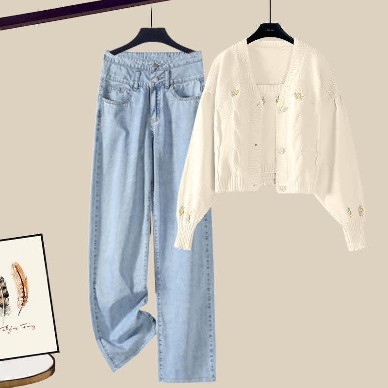 Pants Cardigan Top Denim Blue Set Embroidery
