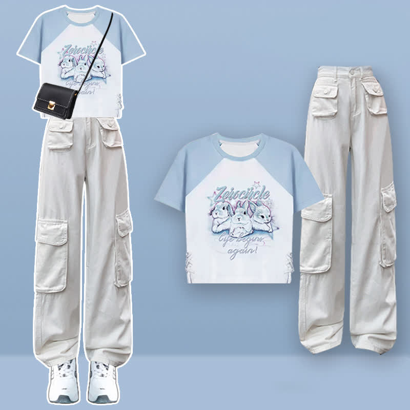 Rabbit Letter Print T-Shirt Pocketed Cargo Pants