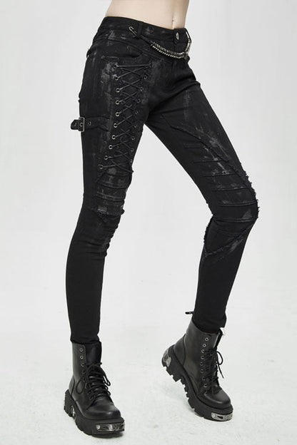 Hand-Painted Laced-Up Gothic Style Slim Pants