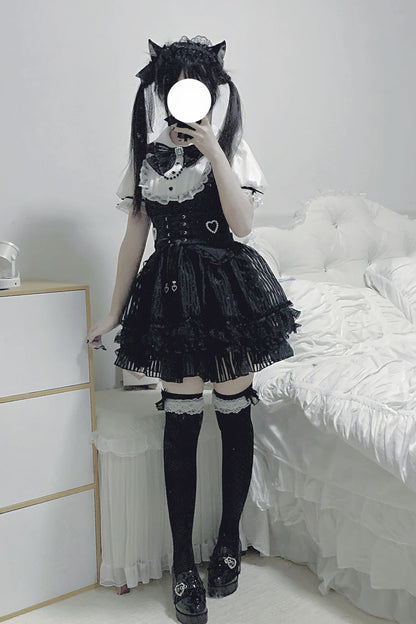 Stripe Print Bowknot Lace Gothic Jirai Kei Dress