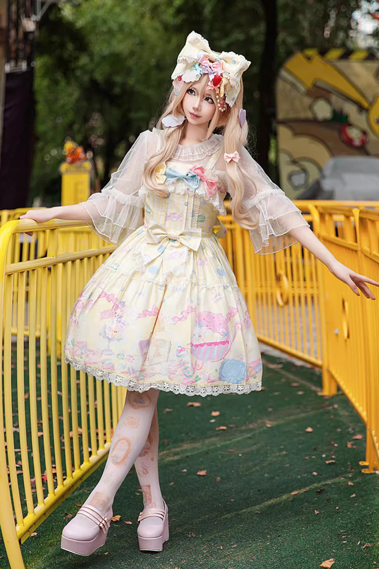 Macaron Dolly House Sleeveless Print Bow Sweet Lolita JSK in Yellow