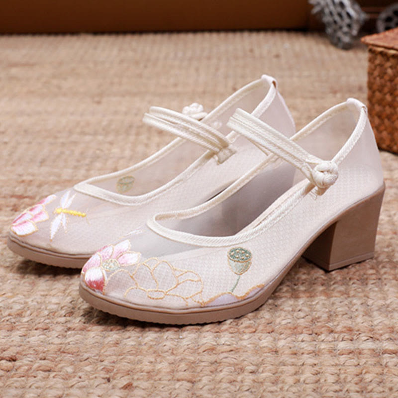 Floral Embroidery Chunky Heel Mesh Shoes