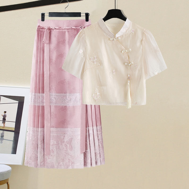 Chemise Hanfu vintage à boucle et jupe plissée avec broderie de grue rose