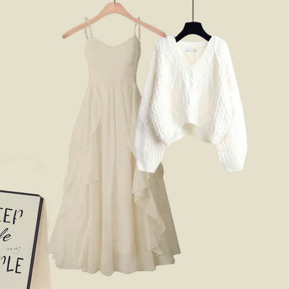 Elegant Knit Flouncing Slip Set Dress Cable Sweater