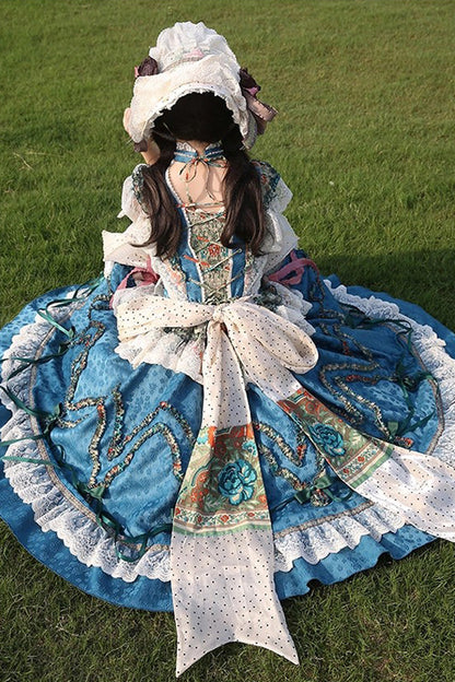 Sleeveless High Waist Printed Ruffled Cardigan Bow Lace-Up Vintage Princess Lolita JSK