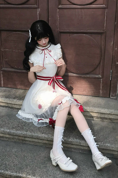 Ivory Strawberry Mousse Cake Stand Collar Sleeveless Mesh Ruffle Bow Lace Sweet Lolita Dress