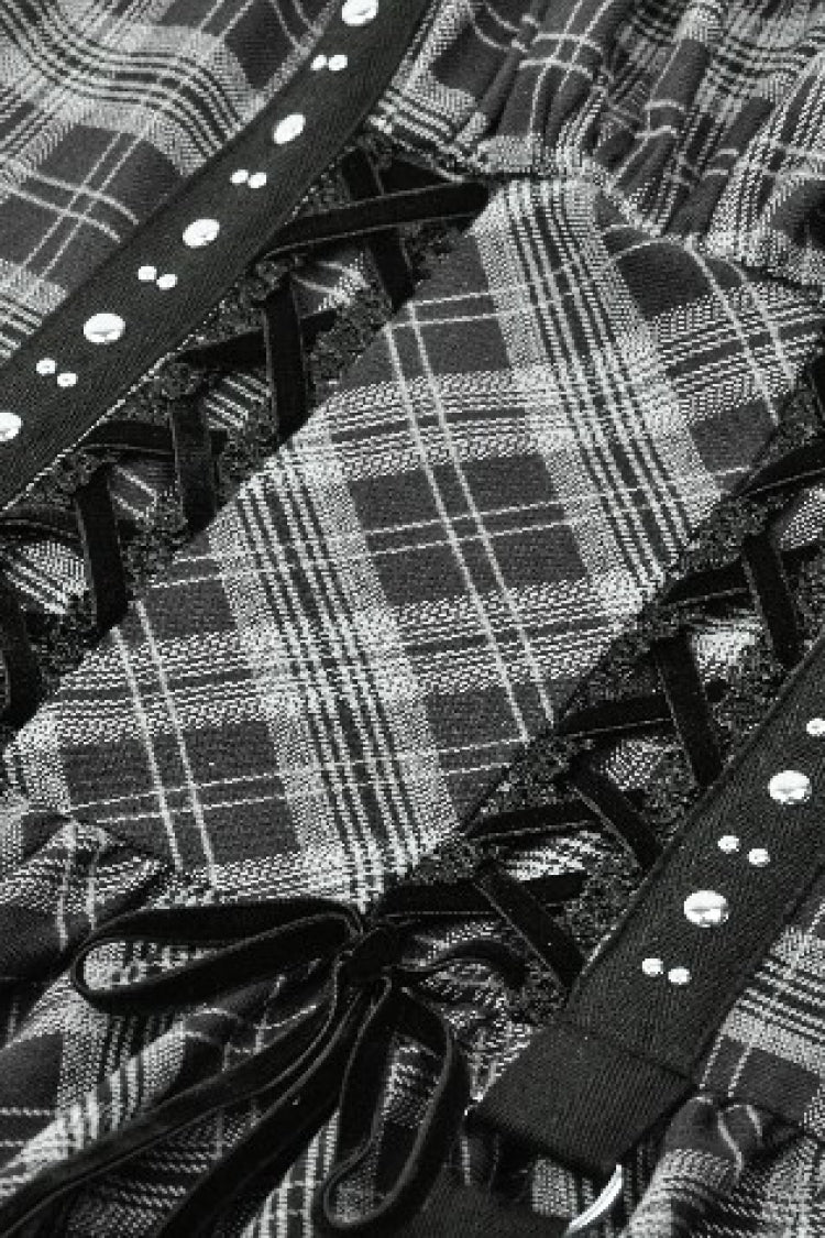 Charcoal Layered Lace Hem Plaid Slip Dress - Punk Party Attire