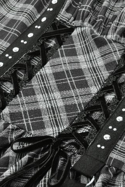 Charcoal Layered Lace Hem Plaid Slip Dress - Punk Party Attire
