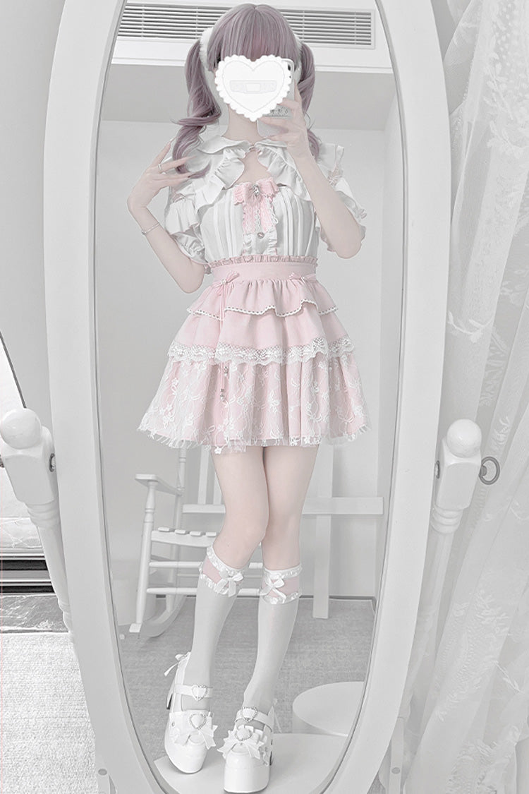 Triple-Layered Ruffle Bowknot Lace Jirai Kei Skirt Set
