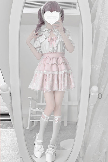 Triple-Layered Ruffle Bowknot Lace Jirai Kei Skirt Set