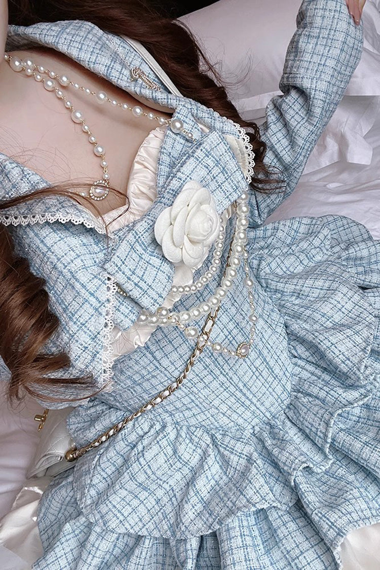 Blue Camellia Plaid-Print Ruffled Bow-Adorned Sweet Lolita Dress