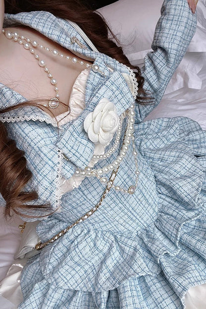 Blue Camellia Plaid-Print Ruffled Bow-Adorned Sweet Lolita Dress