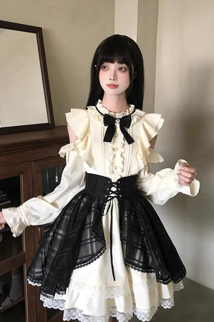 Black Beige Dark Chocolate Champagne Stand Collar Off Shoulder Long Sleeve Double Layer Ruffle Sweet Japanese Lolita Dress