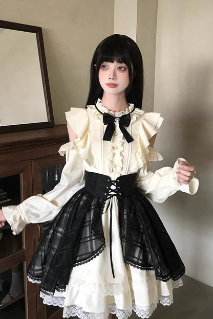 Black Beige Dark Chocolate Champagne Stand Collar Off Shoulder Long Sleeve Double Layer Ruffle Sweet Japanese Lolita Dress