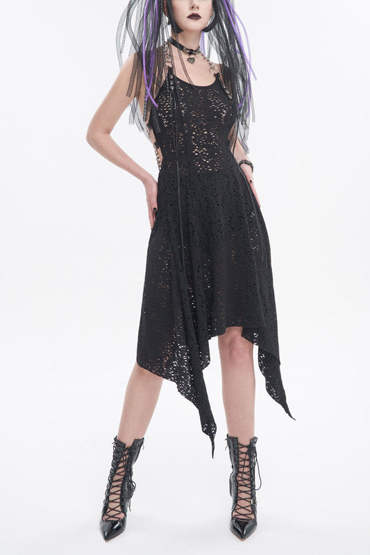 Wool Patterned Metal Chain Halter Backless Black Punk Dress