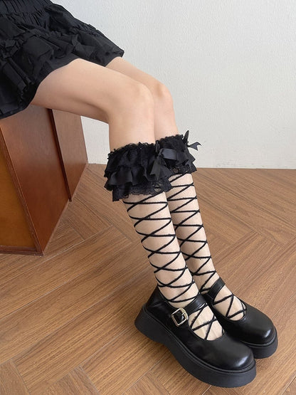 White/Black Bowknot Details Crisscorss Banded Underknee Stockings