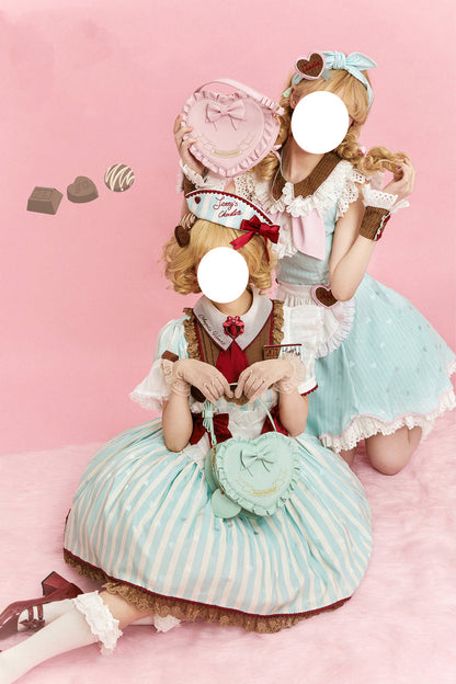 Emerald Jenny's Chocolate Short Sleeves Vertical Stripes Print Ruffle Bow Sweet Lolita Dress