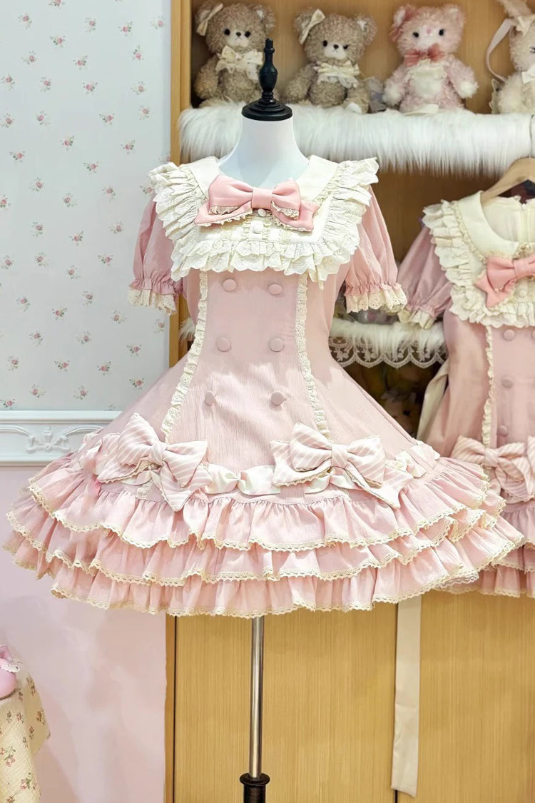 Rose Striped Layered Short Sleeves Multi Ruffle Bow Sweet Princess Lolita Tiered Dress