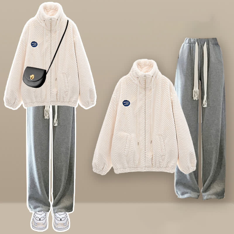 Grey Pants Zipper Pocket Set Outerwear Plush