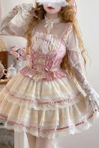 Pink Girl Love Double-Layer Bow Lace Sweet Ballet Lolita Skirt Set