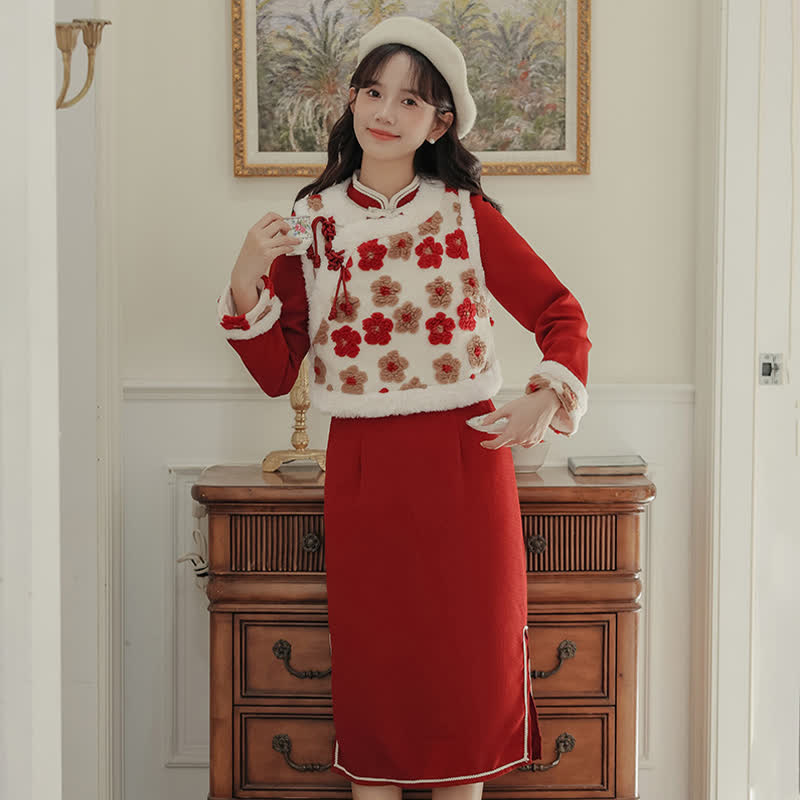 Robe Cheongsam à nœud et gilet à boucle à fleurs rouges