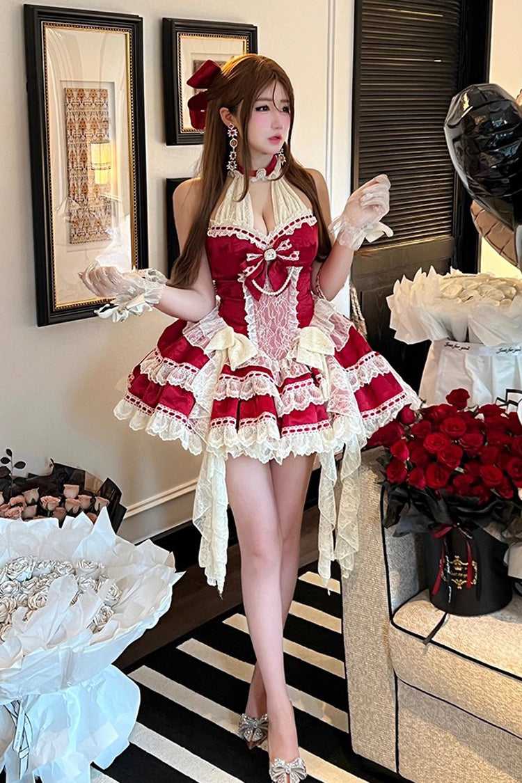 Beloved Young Lady Halterneck Sleeveless Double-Layered Ruffle Lace Dress