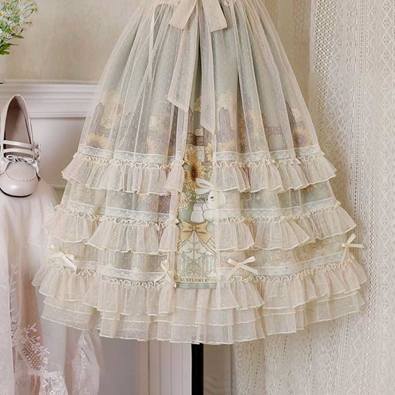 Robe nuisette à lacets Lolita élégante avec nœud et imprimé tournesol et lapin