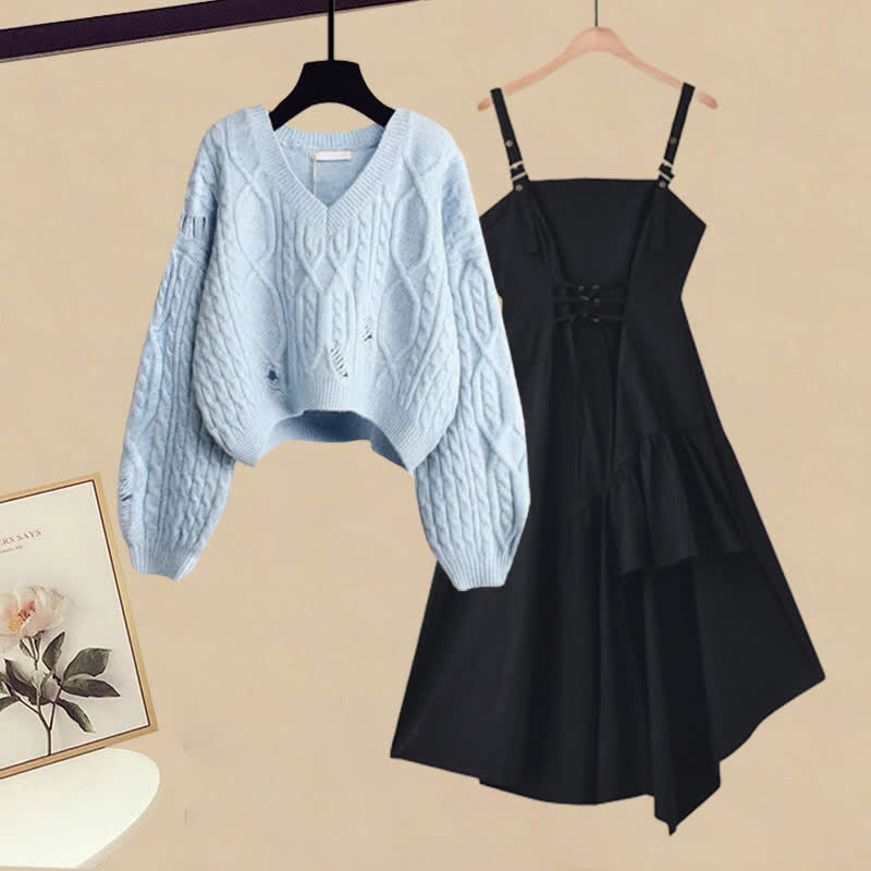 Cable Set Sweater Slip Irregular Up Knit Dress Lace