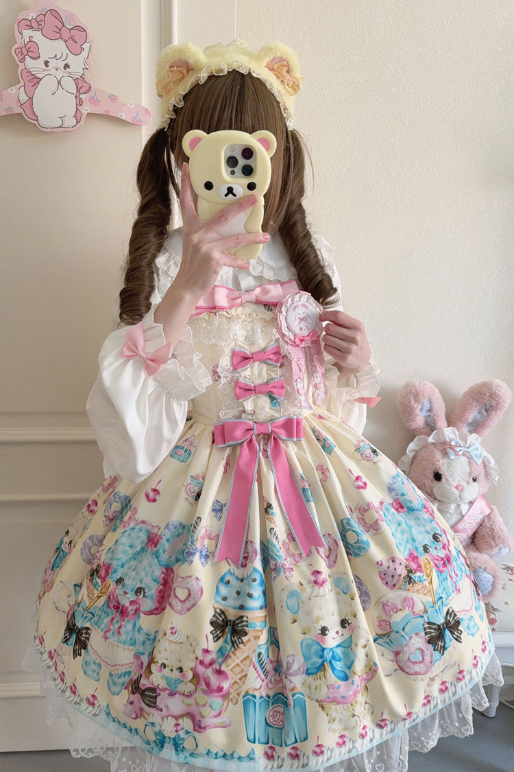 Sunny Bear Print Ruffled Bow Lace Princess JSK Outfit