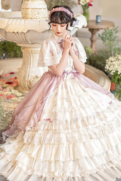 Bellflower Print Ruffled Lace Sweet Princess Gown
