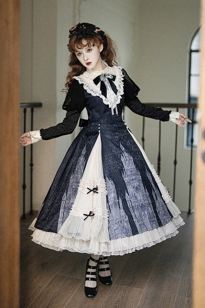 Black White Bell Print Ruffle Bow Lolita Dress