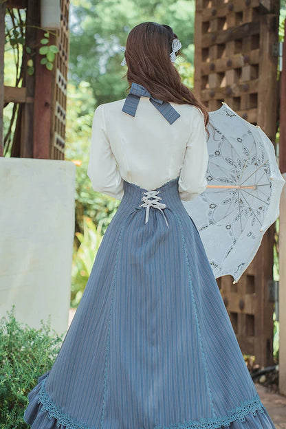 Blue Bustier Halter Long Sleeves Striped Print Bow Lace Sweet Lolita Two-Piece Set