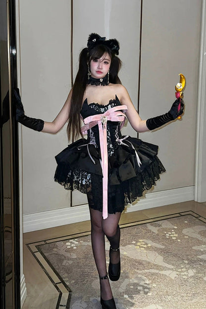 Kitten Sweetheart Multi-Layered Ruffled Bow Lace-Up Princess Ballet Gothic Lolita Jsk Dress