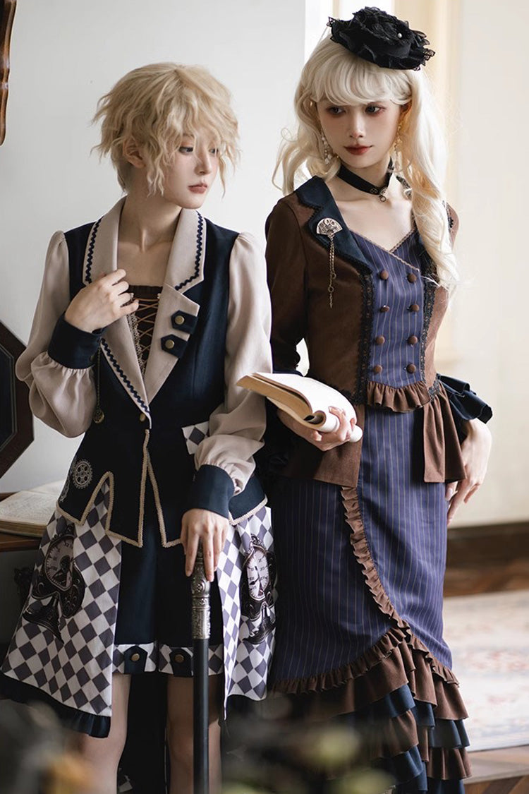 Blue Brown Time Traveler Long Sleeves Multi-Layer Print Ruffle Punk Mermaid Skirt Set