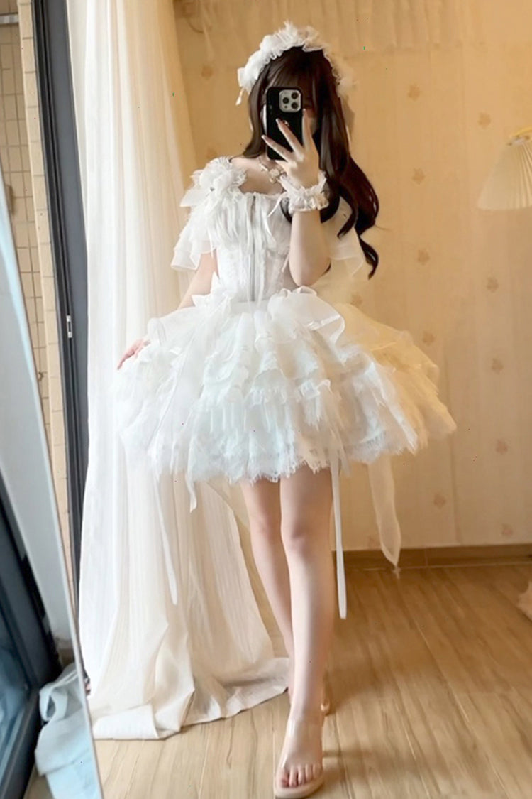 White Rose Memoirs Sleeveless Multi-Layer Bow Lace Sweet Lolita Skirt Set