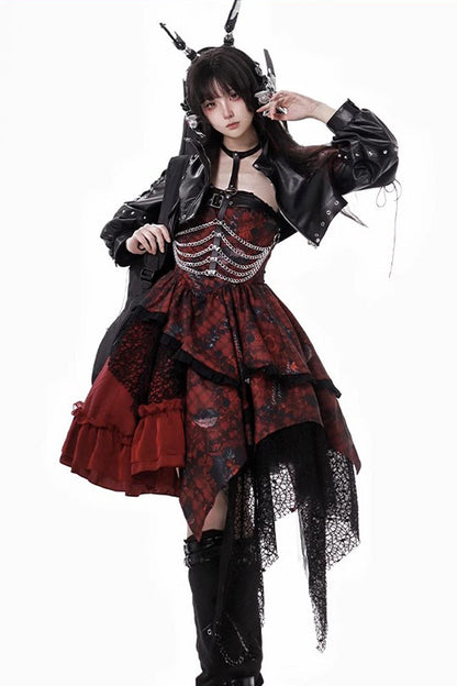 Sleeveless Printed Gothic JSK Dress with Asymmetric Ruffled Lace - Strawberries of Blood and Tears