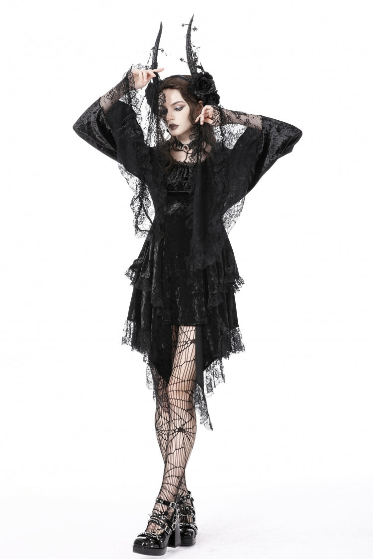 Long Trumpet Sleeve Lace Spliced Black Gothic Velvet Dress