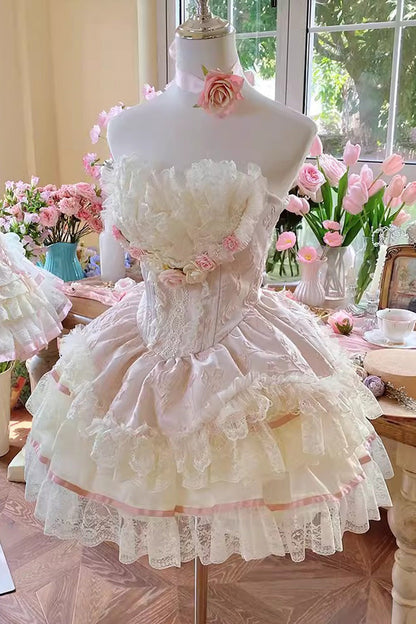 Pink Floral Love Ruffle Bow Lace Elegant Lolita Dress Set
