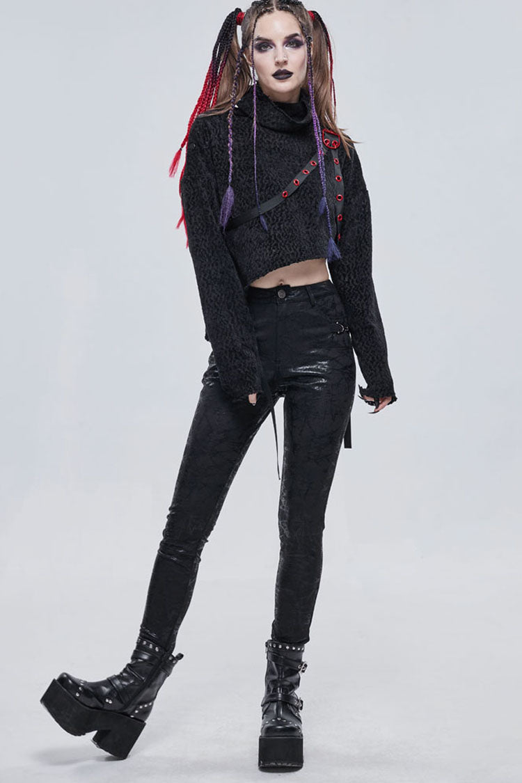 Morbid Metallic Buckle Accent Knit Faux Leather Leggings