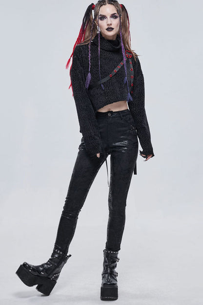 Morbid Metallic Buckle Accent Knit Faux Leather Leggings