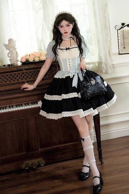 Black/Blue Mint Dark Chocolate Fake Two-piece Square Collar Ruffle Bowknot Sweet Lolita Dress