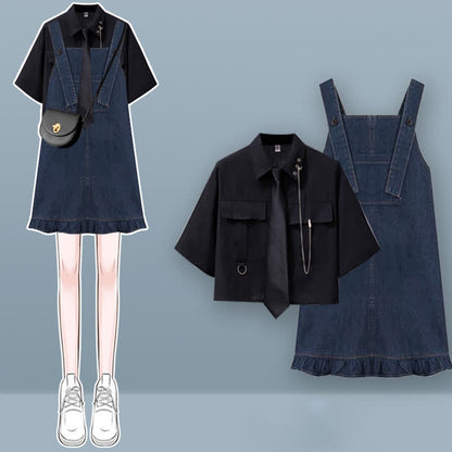 Denim Set Pocket Dress T-Shirt Lapel Overall Tie