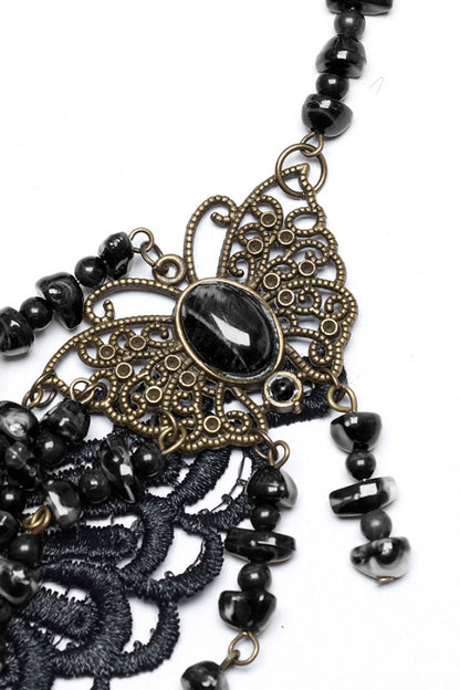 Beaded Butterfly Black Asymmetric Punk Necklace Women's