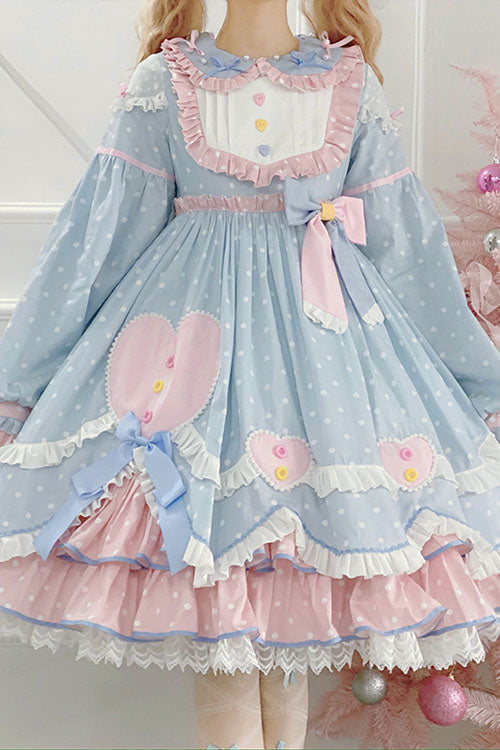 Blue OP Tiered Dress Sweet Lolita Bowknot Love Pocket Ruffled - Altfashion Shop