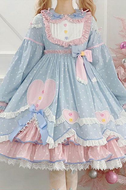 Blue OP Tiered Dress Sweet Lolita Bowknot Love Pocket Ruffled - Altfashion Shop