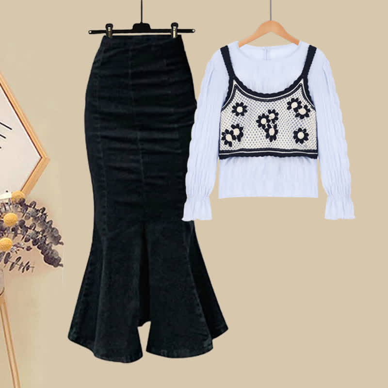 Vest Denim High Flower Skirt Shirt Waist Embroidery Set